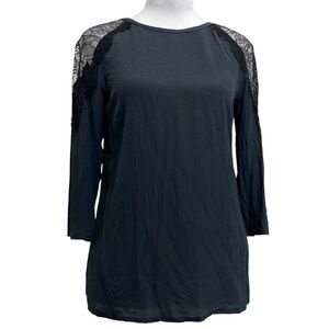 Patrizia Pepe 100% Silk Dark Blue Lace Shoulder Blouse